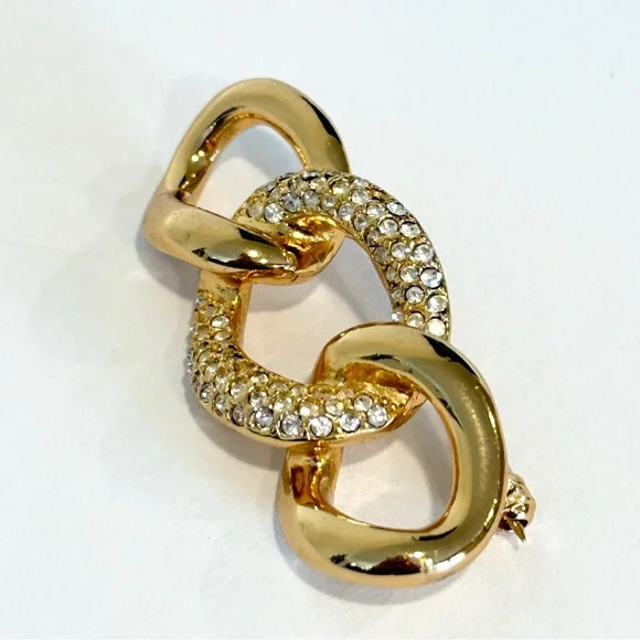 Vintage Christian Dior Triple Loop Rings Gold tone Brooch Rhinestone Pave - Picture 4 of 9